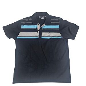 Sergio Tacchini Mens Polo Shirt Large Navy Blue Striped Short Sleeve Logo Top
